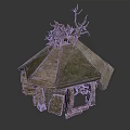 Stone Shelter Structure With Sloped Roof And Wooden Branches On Top