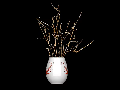 White Ceramic Vase With Red Patterns Holding Decorative Twigs And Small Beads 3d model