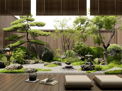 Lush Japanese Zen Courtyard Garden With Wooden Fence Bamboo Blinds Pine Tree Stones And Lanterns 3d model
