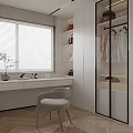 Modern Walk in Closet with Window Blinds Dressing Counter Stool and Hanging Clothes
