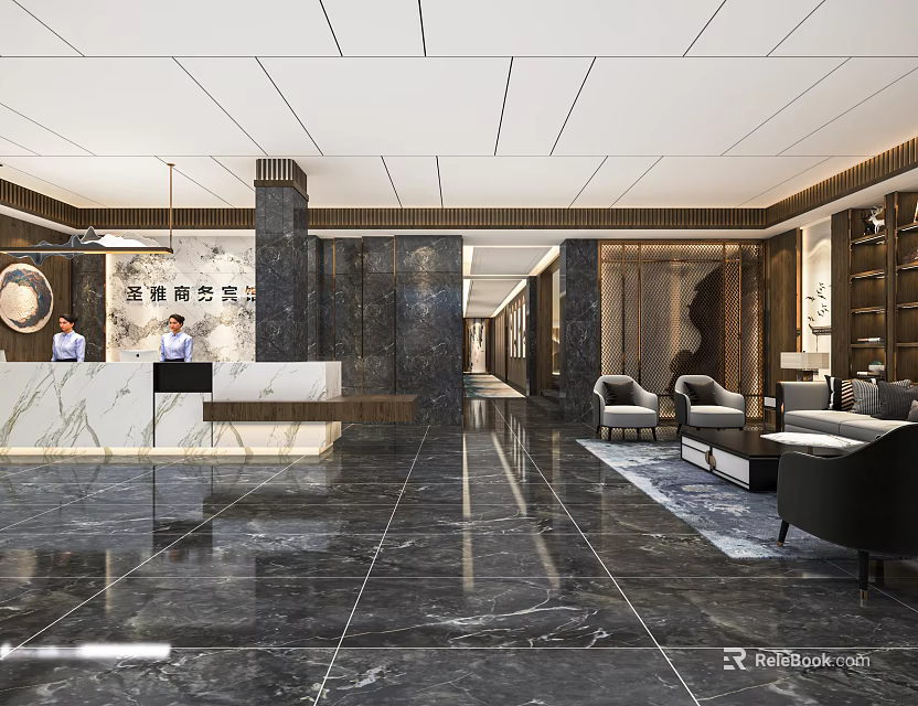 Luxurious Hotel Lobby Interior With Marble Floor Reception Desk And Sofa Area 3d model 