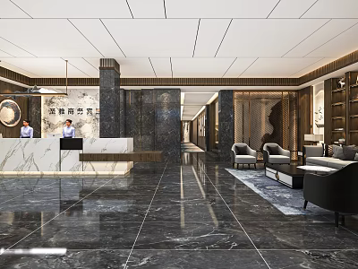 Luxurious Hotel Lobby Interior With Marble Floor Reception Desk And Sofa Area 3d model
