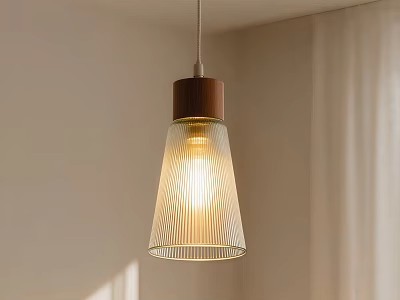 Modern Pendant Light With Ribbed Glass Shade And Wooden Top For Home Interior 3d model