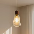 Modern Pendant Light With Ribbed Glass Shade And Wooden Top For Home Interior