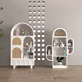 White Console Cabinet and Side Cabinet with Wooden Stripes Legs Vase Flowers Plants and Decorations