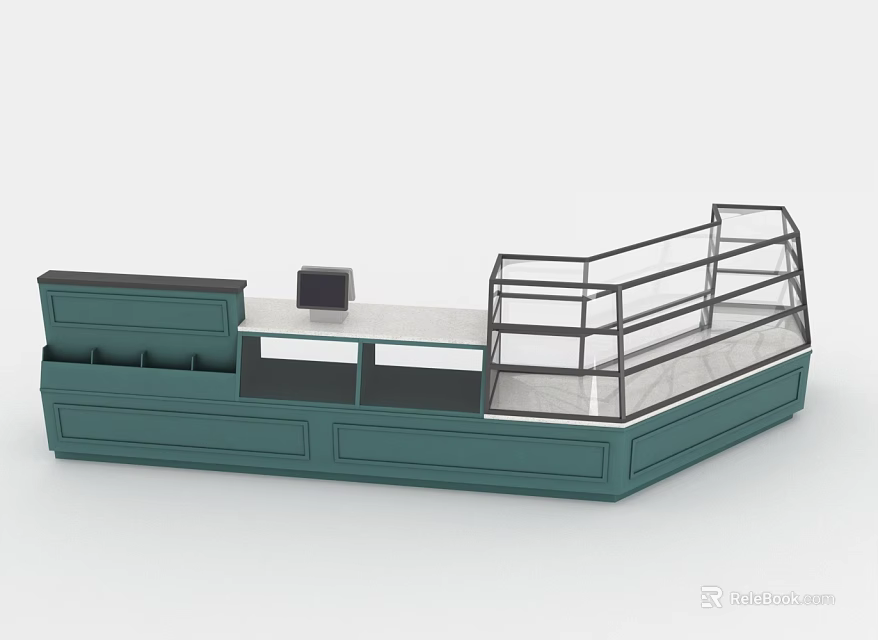 Food Display Cabinet With Green Body Glass Shelves And Countertop 3d model 