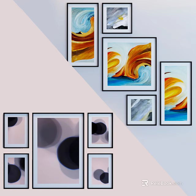 Multiple Framed Abstract Art Paintings With Colorful Designs Arranged On Wall 3d model 