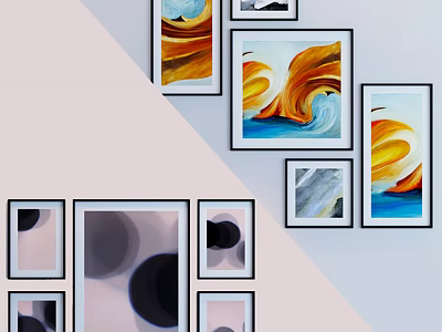 Multiple Framed Abstract Art Paintings With Colorful Designs Arranged On Wall 3d model