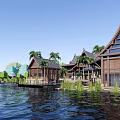 Tropical Wooden Resort Buildings With Gabled Roofs Palm Trees And Calm Waterfront View