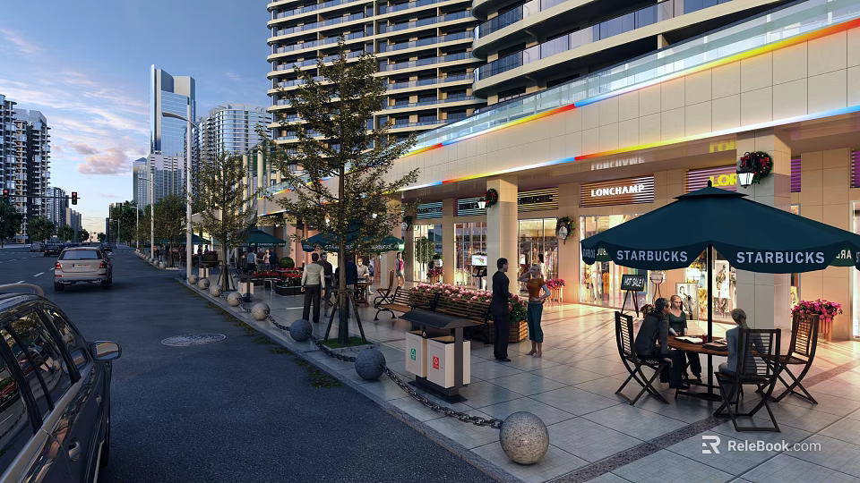 Bustling Commercial Street Featuring Modern High Rise Buildings Outdoor Cafes Trees Shops And Pedestrians 3d model 