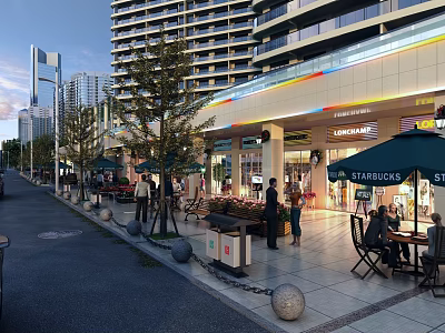Bustling Commercial Street Featuring Modern High Rise Buildings Outdoor Cafes Trees Shops And Pedestrians 3d model