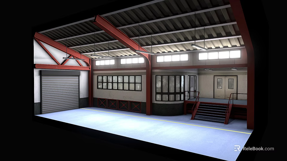 Industrial Interior With Red Trusses High Ceiling Roll Up Door Windows Blue Floor And Staircase 3d model 