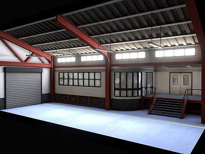 Industrial Interior With Red Trusses High Ceiling Roll Up Door Windows Blue Floor And Staircase 3d model