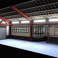 Industrial Interior With Red Trusses High Ceiling Roll Up Door Windows Blue Floor And Staircase