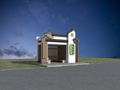 Traditional Style Bus Stop With Chinese Style Roof Wooden Structure And Green Signboards 3d model