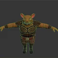 Anthropomorphic orange mouse wearing brown vest red belt boots with arms outstretched on gray background