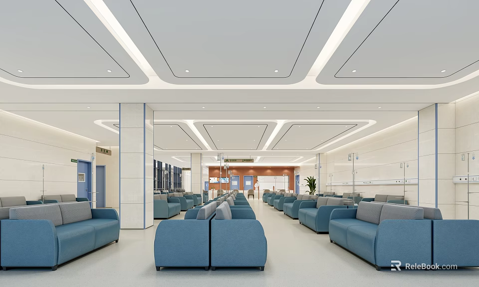 Public Lobby Waiting Area With Blue Sofas White Walls And Ceiling Light Strips 3d model 