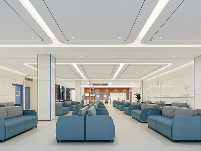 Public Lobby Waiting Area With Blue Sofas White Walls And Ceiling Light Strips 3d model