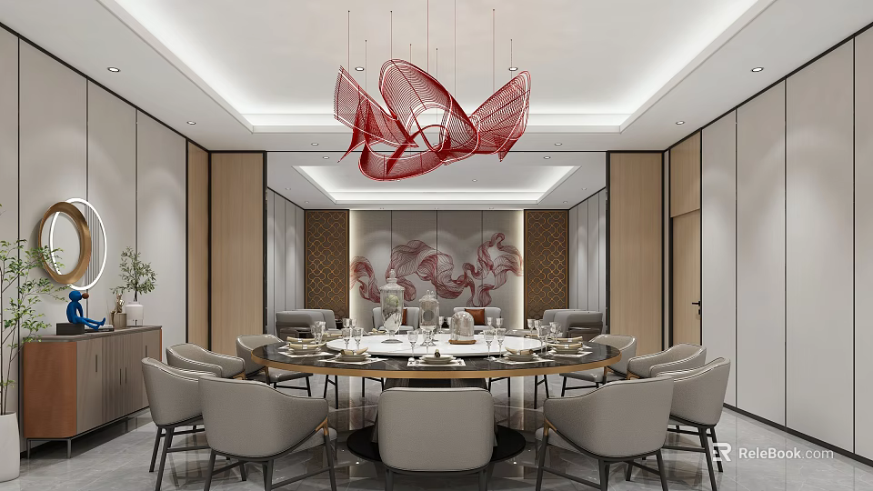 Elegant Modern Private Dining Room Interior With Round Dining Table Tableware And Red Chandelier 3d model
