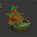 Traditional Chinese Pavilion Featuring Green Tiled Roof Red Accents Wooden Structure And Water Features