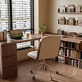 Organized Home Office Desk with Laptop Books Plant Chair Bookshelf and Wall Frames