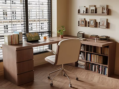 Organized Home Office Desk with Laptop Books Plant Chair Bookshelf and Wall Frames 3d model