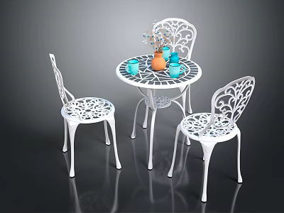 White Metal Outdoor Table With Intricate Cutout Chairs Orange Vase Blue Cups And Flower Decoration 3d model