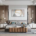 Modern Bedroom Interior With Artwork Above Headboard Wall Pendant Lights Nightstands And Upholstered Bench