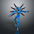 Blue Mechanical Robot Character With Red Winged Structures And Yellow Eyes 3d model