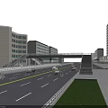 Urban Overpass Bridge Over City Road With Vehicles Pedestrians Tall Buildings And Green Trees