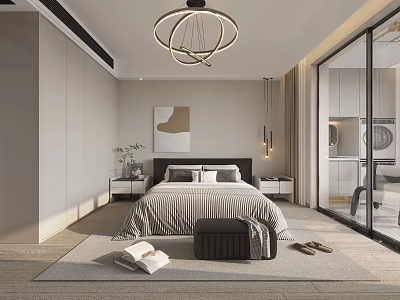 Modern Bedroom Interior With Striped Bed Abstract Painting Pendant Light Rug Floor to Ceiling Windows 3d model