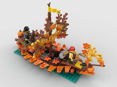 Building Blocks Model Ship Decorated With Autumn Leaves Pumpkins And Minifigures On Green Base 3d model