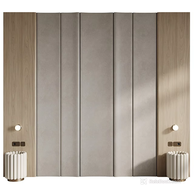 Modern Upholstered Bedroom Accent Wall with Light Gray Panel Wooden Frame and Wall Sconces 3d model 