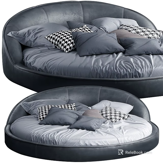 Modern Round Bed With Soft Gray Bedding And Checkerboard Decorative Pillows 3d model 