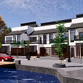Modern Terraced Townhouse Exterior Featuring Trees Red Car Fence And Water Feature