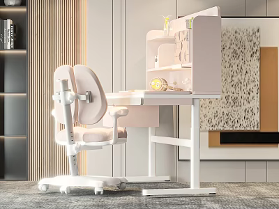 Elegant Modern Study Room Interior With White Desk Ergonomic Chair And Lamp 3d model