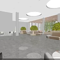 Spacious Sales Office Interior With Circular Ceiling Lights Green Plants And Marble Floor