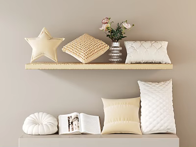 Cozy Decorative Pillows With Various Shapes And Textures On Shelf 3d model