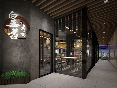 Modern Japanese Restaurant Exterior And Interior Design Featuring Glass Doors Wooden Ceiling And Sushi Bar 3d model