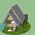Single Family Detached House With Gabled Gray Roof Wooden Porch And Green Lawn