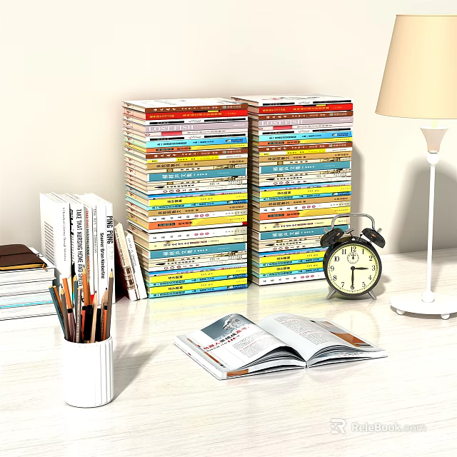 Decorative Ornament Set With Stacked Books Alarm Clock Table Lamp Pencil Holder And Open Book 3d model 