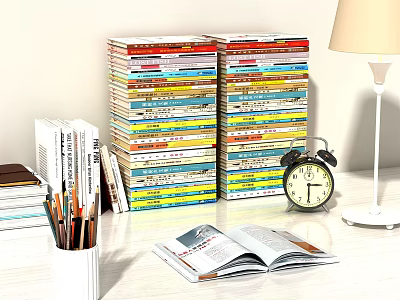 Decorative Ornament Set With Stacked Books Alarm Clock Table Lamp Pencil Holder And Open Book 3d model