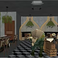 Modern Restaurant Interior With Hanging Lights Green Plants Wooden Tables Chairs And Geometric Floor