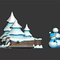 Cartoon Winter Scene With Snowmen Snow Covered Trees Snow Piles Wood Logs And Gingerbread Man