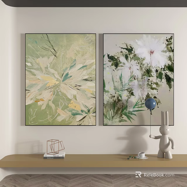 Vibrant Abstract Floral Paintings With Green White Yellow Brushstrokes And Decorative Rabbit Balloon 3d model 