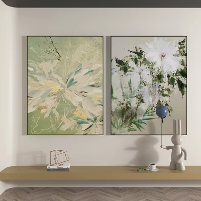 Vibrant Abstract Floral Paintings With Green White Yellow Brushstrokes And Decorative Rabbit Balloon 3d model