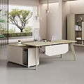 Modern Light Wood Office Desk With Laptop Potted Plant And Window Tree View