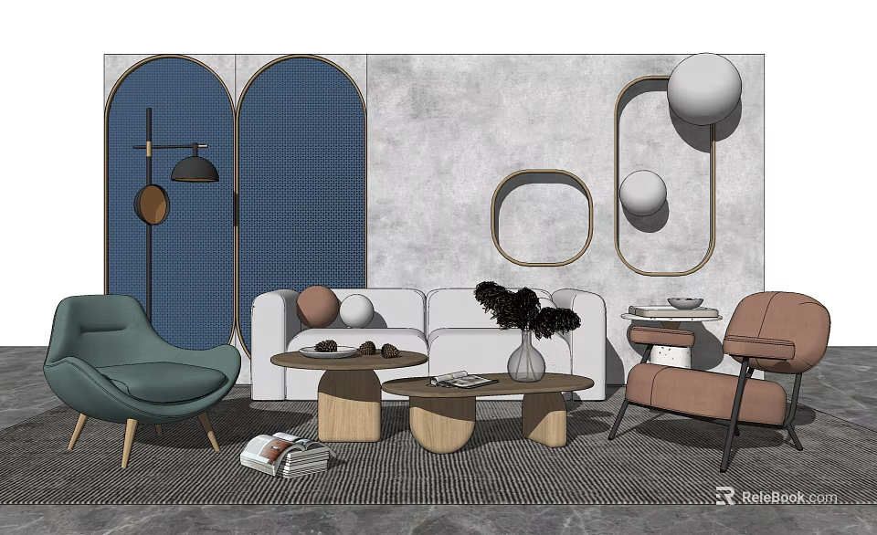 Modern Living Room Sofa And Coffee Table Set With Armchairs Wall Mirrors And Decor 3d model 