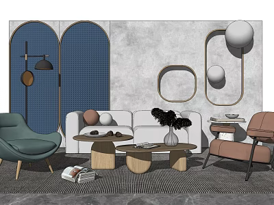 Modern Living Room Sofa And Coffee Table Set With Armchairs Wall Mirrors And Decor 3d model