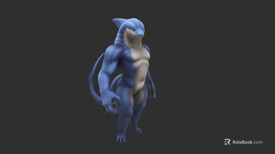 Blue And White Aquatic Creature 3D Render Muscular Humanoid Body Shark Like Head Long Tail 3d model 